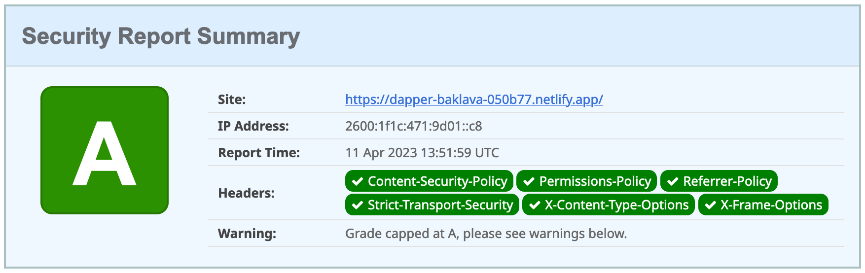 Netlify score from securityheaders.com